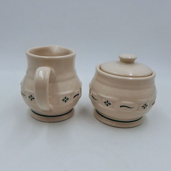 Longaberger Pottery Woven Traditions Heritage Green Sugar Bowl & Creamer Set USA - Picture 2 of 10